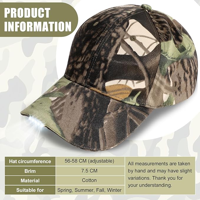 Coume Baseball Cap with Light Rechargeable LED Hat with USB Cable and Battery, Full Cotton Adjustable Headlamp Hat for Fishing Jogging Camping Hand Work(Camouflage)