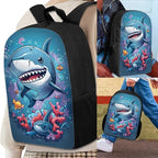 3PCS Cute Shark Fish Sea Print Blue School Bag, 17 Inch Laptop Bookbag Daypack Knapsack Rucksack Lunch Bags Pen Case for College Student