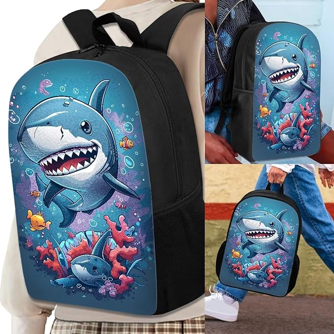 3PCS Cute Shark Fish Sea Print Blue School Bag, 17 Inch Laptop Bookbag Daypack Knapsack Rucksack Lunch Bags Pen Case for College Student