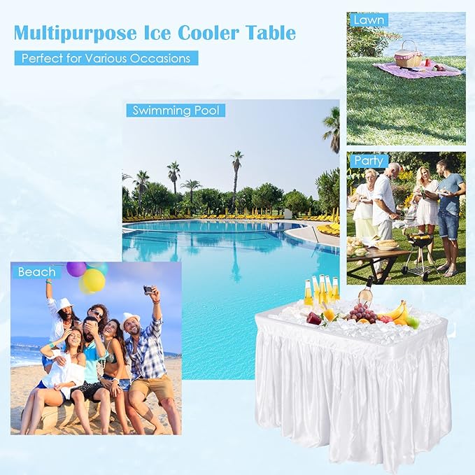 KOTEK Folding Ice Cooler Table with Matching Skirt, Drain Hose & Bucket, Foldable Buffet Beverage Cooler Server, Portable Chill Table for Party, Picnic, BBQ, Camping (White)
