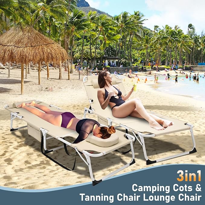 NAIZEA Folding Camping Cot W/Mat for Adults, Adjustable Lounge Chair Outdoor, Heavy Duty Sleeping Cot Bed, Travel Camp Cots for Pool, Beach, Patio Sunbathing