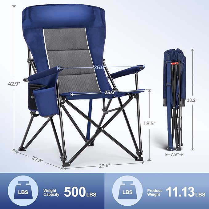 LET'S CAMP Oversized Camping Chairs 29.52" High Back Heavy Duty Lawn Chair Support 500LBS, Portable Collapsible Chair with Cup Holder, Side Pocket,2 Pack(Blue)