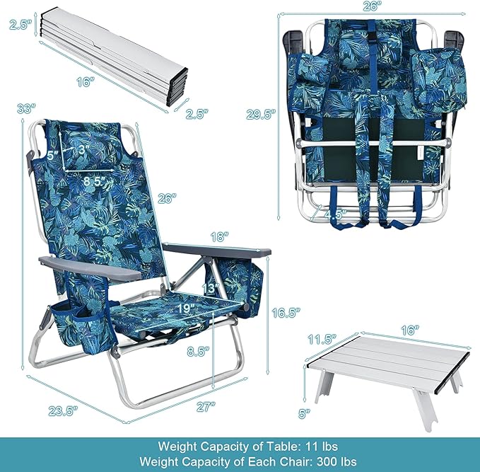 GYMAX Beach Chairs, Backpack Camping Chair with Armrest, Cooler Bag, Cup Holder, Towel Bar & Side Pockets, Sunbath Sling Tanning Lounge, Folding Layout Chair (with Table, Blue Leaves)