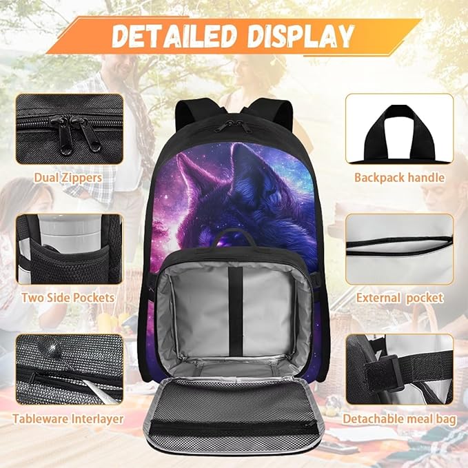 Galaxy Backpack for Men Wolf School Bag for Travel Lightweight Mens Bookbag with Lunch Box for Outdoor Hiking Camping Casual Daycare Back Pack