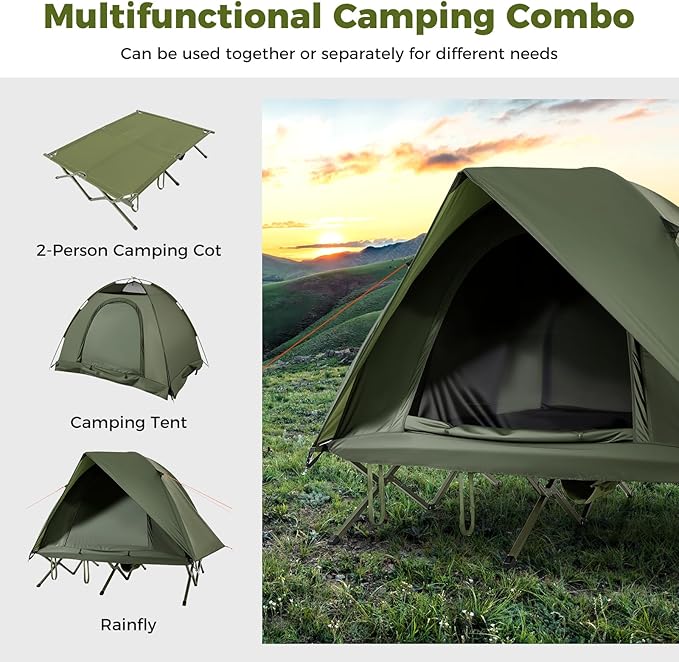 GYMAX 2-Person Tent Cot, 3 in 1 Folding Off-Ground Cot Bed Combo with Portable Wheeled Bag, Waterproof Rainfly, 2 Mesh Doors & Skylight Roof for Hiking, Backpacking, Outdoor