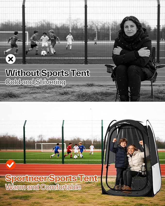 Sportneer XL Pop Up Sports Tent, 46" L x 46" W x 63.5" H Clear TPU Outdoor Shelter for 1 Adult & 1 Child, All-Weather Warm Bubble Pod with Instant Setup, Wind & Rain Protection for Spectators