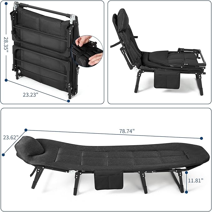 Garvee 79" Portable Folding Bed with Cushion and Pillow, Camping Cot for Adults with Supports 500 Lbs, Lightweight Tent Cot for Patio Beach Indoor Outdoor, Black