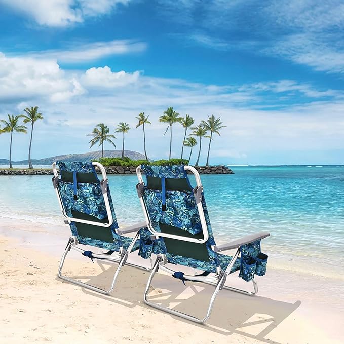 GYMAX Beach Chairs, Backpack Camping Chair with Armrest, Cooler Bag, Cup Holder, Towel Bar & Side Pockets, Sunbath Sling Tanning Lounge, Folding Layout Chair (4 Chairs Without Table, Blue Leaves)