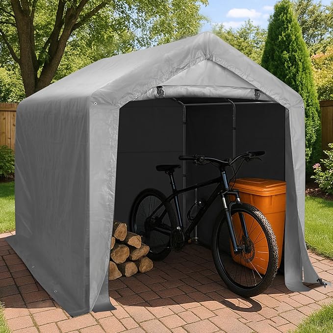 VINGLI Outdoor Portable Storage Shed, Heavy Duty Bike Tent with Roll-up Zipper Door, Waterproof and UV Resistent Carport for Motorcycle, Garden Tools and Firewood (Gray, 8x8x6.7 FT)