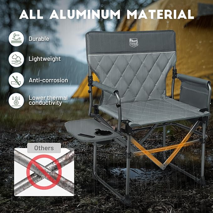 TIMBER RIDGE 2 Pack Aluminum Camping Directors Chair with Side Table Pocket, Portable Folding Heavy Duty Lawn Chair for Fishing Trip Picnic Concert Outdoor 400lbs, Grey