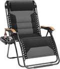 PHI VILLA XXL Oversized Padded Zero Gravity Chair, Foldable Patio Recliner, 30" Wide Seat Anti Gravity Lounger with Cup Holder, Support 400 LBS (Black)