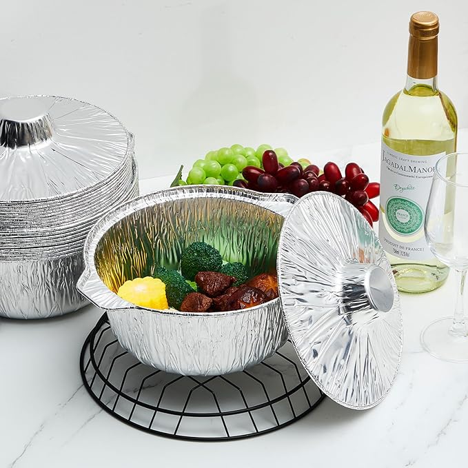 24 Pcs Disposable Aluminum Pot with Lid Round Foil Pans Disposable Cookware Food Container for Vacation Trips Camping Baking Heating Cooking (74.4 oz)