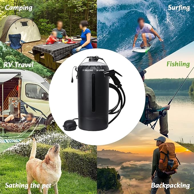 Aircity Portable Solar Camping Shower Bag with Foot Pump & Upgraded Leak-Proof Design – 20L/5-Gallon Outdoor Shower for Beach, Hiking, Travel | Lightweight, Large Water Inlet, Carry Bag