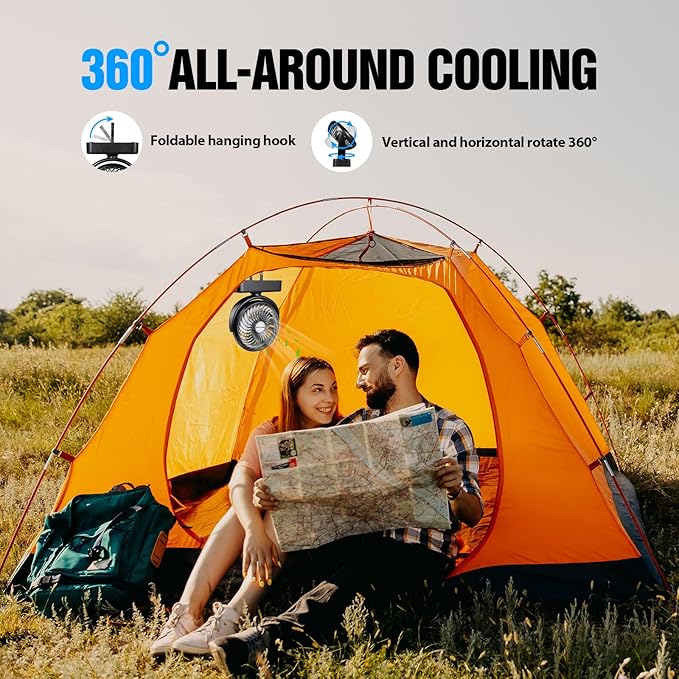 Portable Camping Fan with LED Lantern- 40H Work Time Rechargeable Battery Operated Fan with Hanging Hook for Tent Car RV Hurricane Emergency Outages Survival Kit