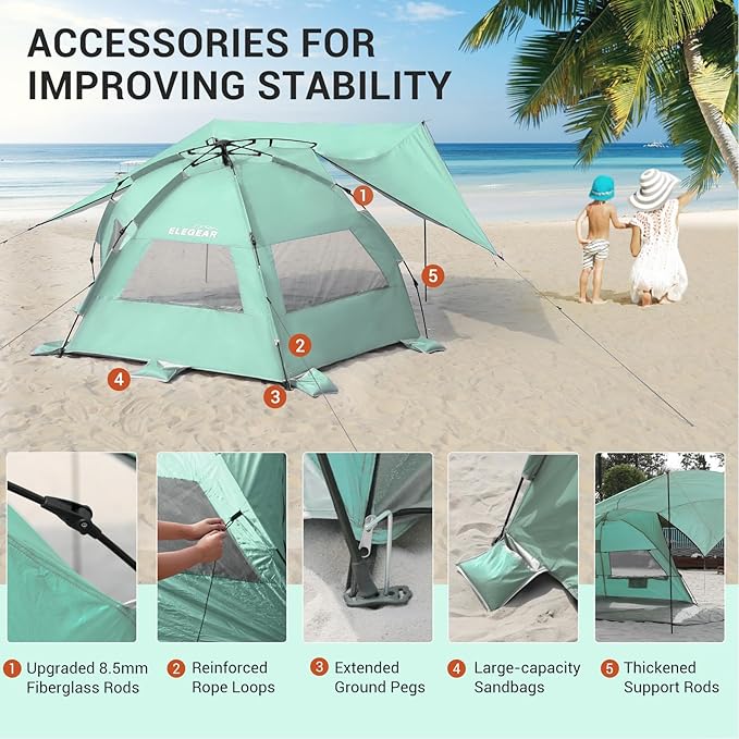 Elegear Beach Tent with Canopy, 1-Second Setup Pop Up Sun Shelter Shade, UPF 50+ UV Protection Silver-Coated Lightweight Portable Beach Cabana