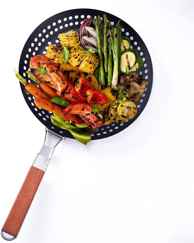 12-Inch Kozmatik Grill Pan Stovetop Turkish - Black Non-Stick Carbon Steel Grill Basket Vegetable with Handle | Vegetable Charring Pan for Stovetop & Grill