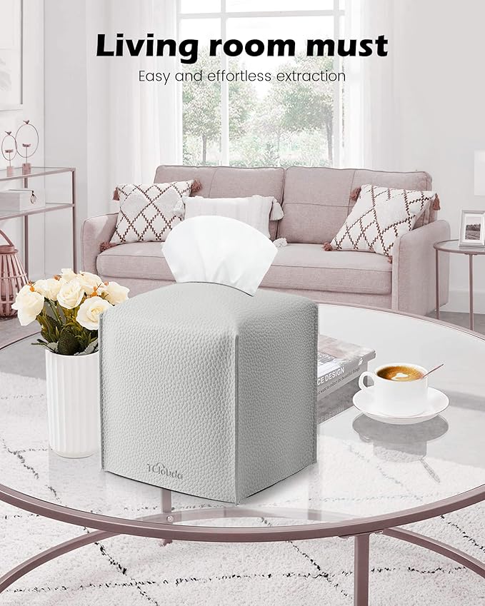 Tissue Box Cover for PU Leather, Modern Simple Solid Color Holder Square Tissue Bag, Ideal for Bathrooms,Office,Car,Outdoor Tent,Dining Table,5"X5"X5", Double Light Grey