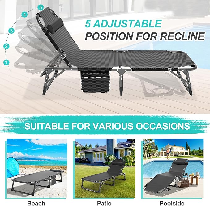 ABORON Patio Lounge Chair, Folding Guest Bed Cot for Adults, 500LB Heavy-Duty Capacity, Portable Extra Bed with Comfort Mat, Quick Fold Design for Indoor Guest Stays & Temporary Use
