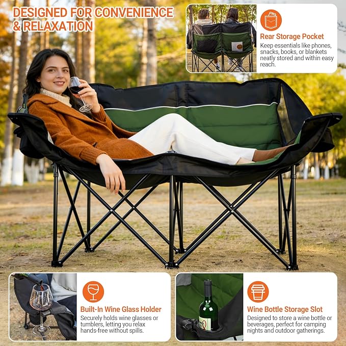 Double Camping Chair for Adults - Heavy Duty 700LB Oversized Padded Camping Loveseat, 2 Person Folding Outdoor Chair with Cup Holders for Lawn, Backyard (Green)