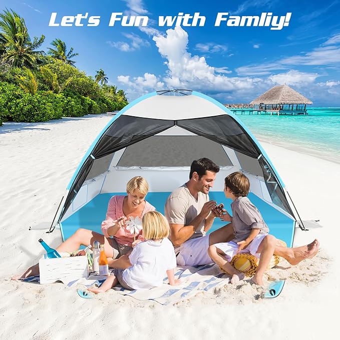 Large 3-4 Person Beach Tent - UPF 50+ Anti-UV, Easy Setup with Extended Floor & Mesh Windows, Portable for Camping Fishing