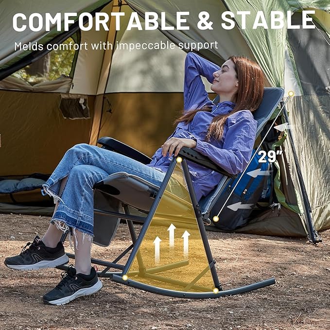 Timber Ridge 3-Level Adjustable Rocking Camping Chair, Ergonomic Padded High Back, Supports 300 LBS, Stable Anti-Tip Rocker, Hard Armrests for Easy Standing, Portable for Patio, Lawn & Tailgating