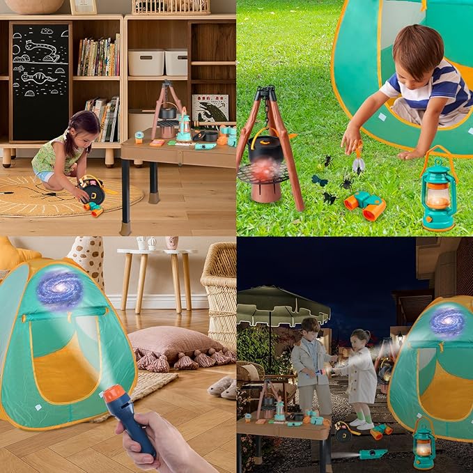 Kids Camping Set 50pcs with Folding Storage Table/Tent & Children’s Projector Flashlight- Outdoor Campfire Toy Set for Toddlers Kids - Pretend Play Camp Gear Tools for Birthday Christmas