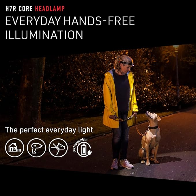 Ledlenser H7R Core Rechargeable Headlamp - Black - 1000 Lumens Boost & 250m Beam Headlamp - IP67 Waterproof Hard Hat Light - Magnetic Charge & Stepless Dimming Flashlight