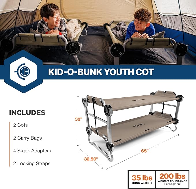 Disc-O-Bed Youth Double Cot Kid-O-Bunk, Modular for Bunk Beds, Dual Cots, or Bench with 2 Carry Bags for Portable Transport