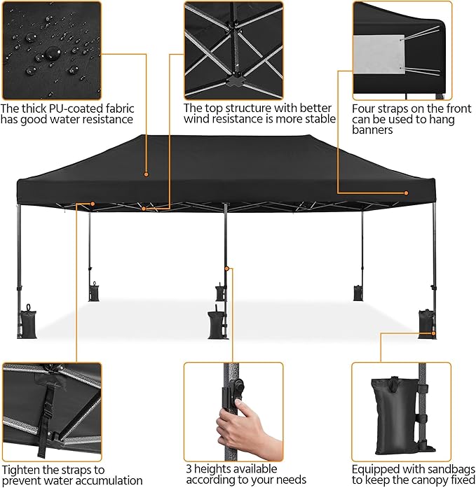 Yaheetech Heavy Duty Pop Up Canopy Tent, 10x20 Commercial Instant Shelter Tent for Wedding, Parties, Adjustable Outdoor Canopy with Wheeled Carry Bag, 6 Sandbags & 10 Stakes, Black