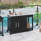 Happygrill 56" Outdoor Grill Table with Sink & Drainage, Heavy Duty Metal Grill Cart with Stainless Steel Top & Storage Cabinet, Outdoor Prep Table with Handles & Wheels for Patio, Garden & Backyard