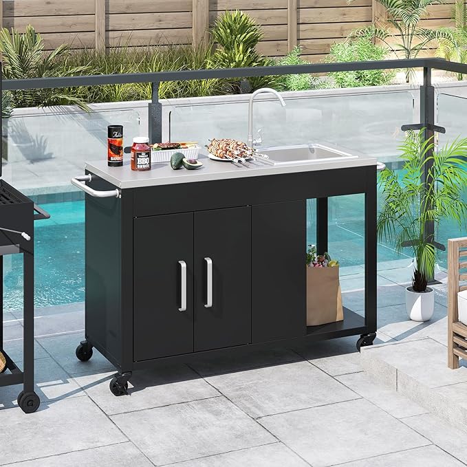 Happygrill 56" Outdoor Grill Table with Sink & Drainage, Heavy Duty Metal Grill Cart with Stainless Steel Top & Storage Cabinet, Outdoor Prep Table with Handles & Wheels for Patio, Garden & Backyard