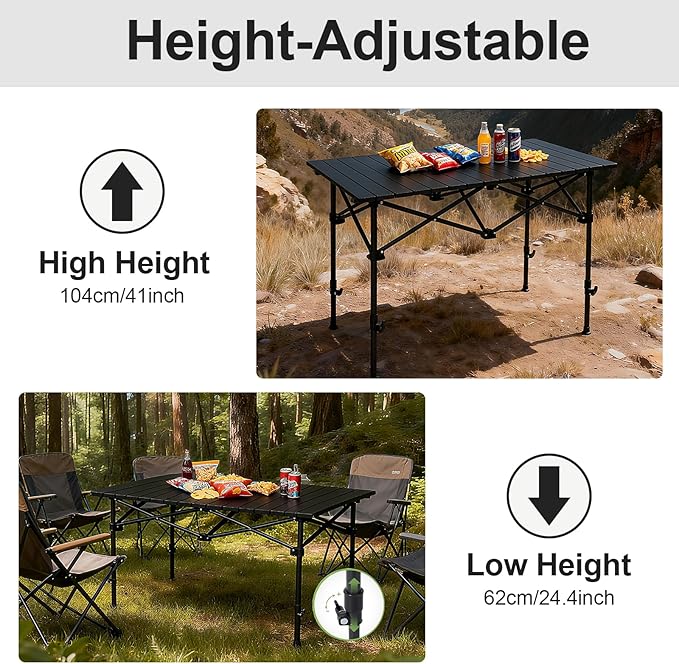 Camping Table Roll up Table,4-6 Person Portable Adjustable Height Roll up Aluminum Table with Carry Bag