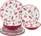 UPware 12 Piece Cherry Melamine Dinnerware Sets, Outdoor Dishes Set, Plates and Bowls Sets, Service for 4, Red