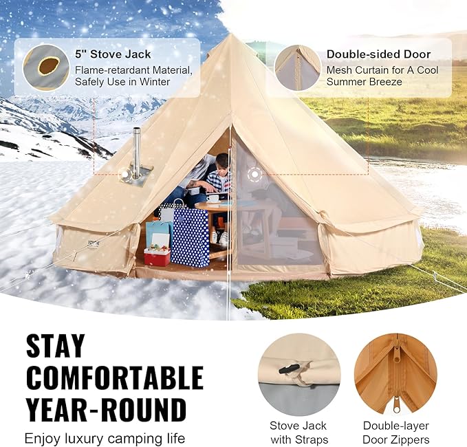 VEVOR Canvas Tent Bell, Yurt 4 Seasons for Camping with Stove Jack, Breathable Holds up to 4 People, Family Camping Outdoor Hunting Party