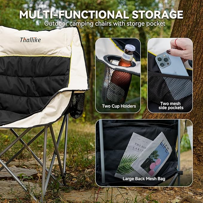 Oversized Camping Chair for Adults – Heavy Duty Folding Chair with Cup Holders, Storage Pocket & Carry Bag – Outdoor Padded Camp Chair for Camping, Backyard, Fishing & Sports – Supports 400lbs