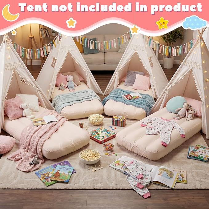Windyun 6 Sets Kids Air Mattress Bulk with Fitted Sheet,Toddler Inflatable Bed 63 x 27 x 8 Inches Blow up Airbed Camping Sleeping Pad for Aged 3-10 Birthdays Slumber Sleepover Party (Pink)