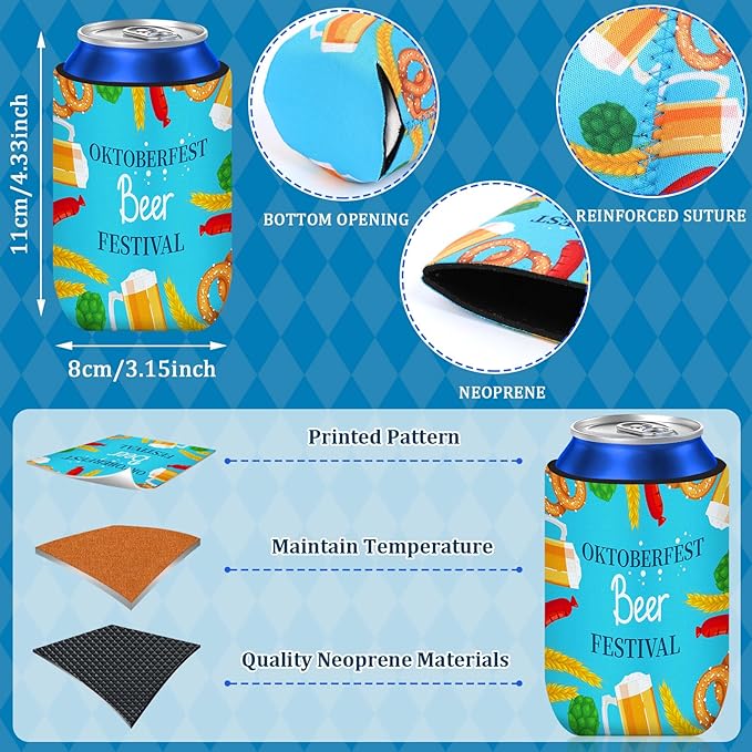 Oktoberfest Can Cooler Sleeves, 18pcs Oktoberfest 12 oz Cold Drinks Bavarian Style Beer Drink Can Bottle Cooler Sleeves for Oktoberfest Party Favors Decorations Supplies