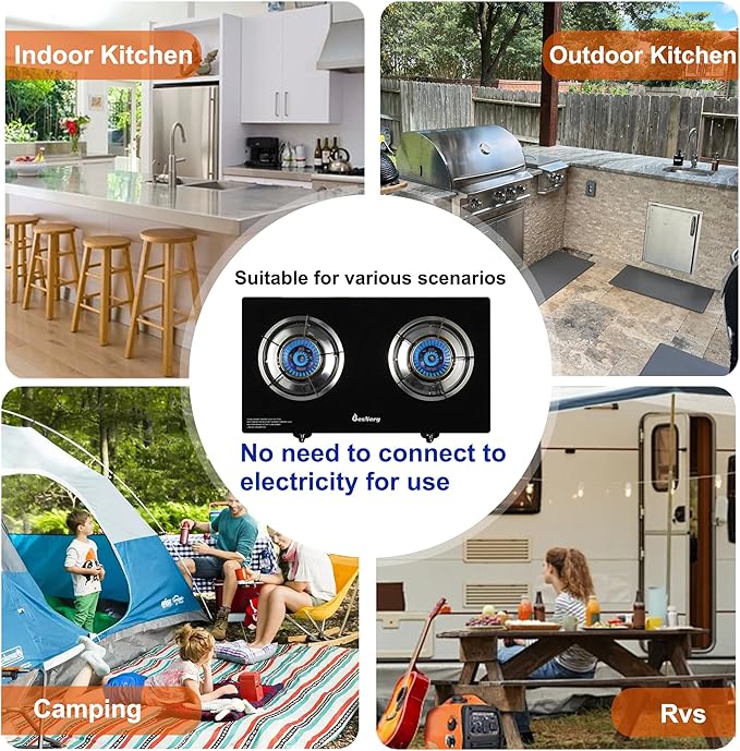 Gas Stove 2 Burner Propane Stove Two Burner Gas Cooktop, Tempered Glass Auto Ignition LPG Cooker, Suitable for Outdoor/Camping/RVs