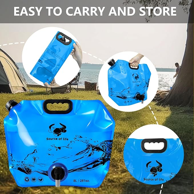 Collapsible 8L Water Storage Bag, BPA-Free Portable Folding Water Jug with Adjustable Faucet, Leakproof Emergency Water Bag for Camping, Hiking, Riding, Outdoor Sport (1, Blue)