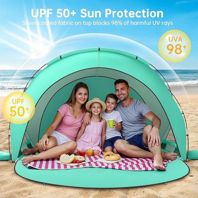 Beach Tent Sun Shelter, Sun Shelter for 1-4 Person, Beach Shade Tent, Beaches Shade with 2 Zippered Doors, Portable Tents for Camping Fishing, Green