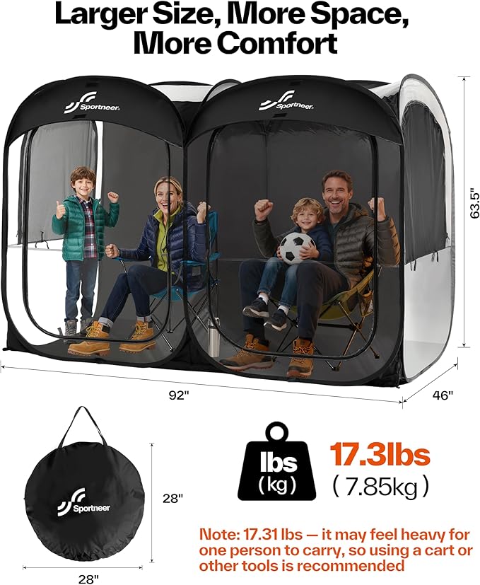 Sportneer Sports Tent, 2-4 Person Instant Pop Up Sports Tents - 92" x 46" x 63.5" Transparent Sport Shelter for Fishing, Camping, Sports Event - Easy Set Up & Tear Down