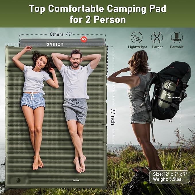 Elegear CumbreX™ Double Sleeping Pad for Camping, 4.7" Ultra-Thick Inflatable Camping Sleeping Pad 2 Person with Built-in Foot Pump, Portable Camping Sleeping Mat for Backpacking Hiking Tent, Full