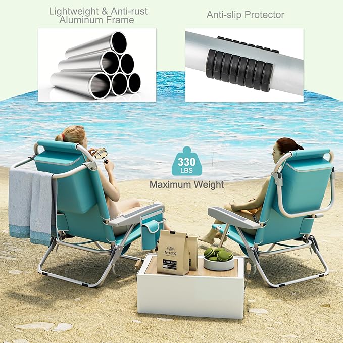 Tangkula Set of 4 Backpack Beach Chair, 5-Position Lightweight Folding Lay Flat Beach Chairs with Storage Bag, 2 Cup Holders, Towel Bar, Backpack Straps