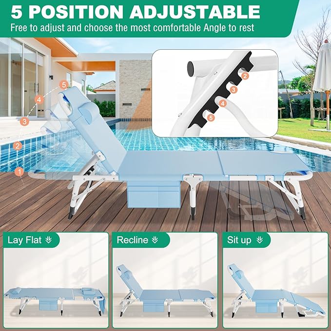 LILYPELLE 3in1 Sun Tanning Chair with Mattress, Heavy Duty Lounger Chairs with Face Arm Hole, Removable Pillow, Outside Chaise Lounge Chair for Sunbathing, Patio, Poolside, Lawn, Beach