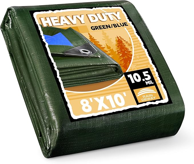 RAINDEWAY Tarps Heavy Duty Waterproof 8x10 Feet,10.5 Mil Waterproof Tarps for Outdoors,Multipurpose Poly Tarp Cover with Metal Grommets and Reinforced Edges,Green/Blue