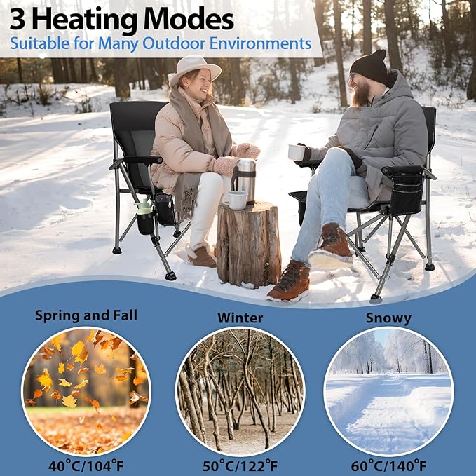Heated Camping Chair with 20,000 mAh Battery, Loog-Lasting for 500 Mins, Fully Padded Heated Camp Chairs, Heavy Duty Folding Chairs Supports 500 lbs for Winter Camping, Picnics, Tailgating, RV Travel