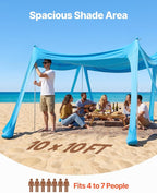 VEVOR Beach Tent Sun Shelter, UPF50+ Sun Protection, 6.6 ft Tall, 10 x 10 ft, Easy Pop Up Beach Canopy with Sandbags, Stability Poles, Sand Shovels, Portable Shade for Family, Camping, Fishing, Blue