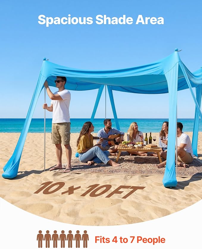 VEVOR Beach Tent Sun Shelter, UPF50+ Sun Protection, 6.6 ft Tall, 10 x 10 ft, Easy Pop Up Beach Canopy with Sandbags, Stability Poles, Sand Shovels, Portable Shade for Family, Camping, Fishing, Blue