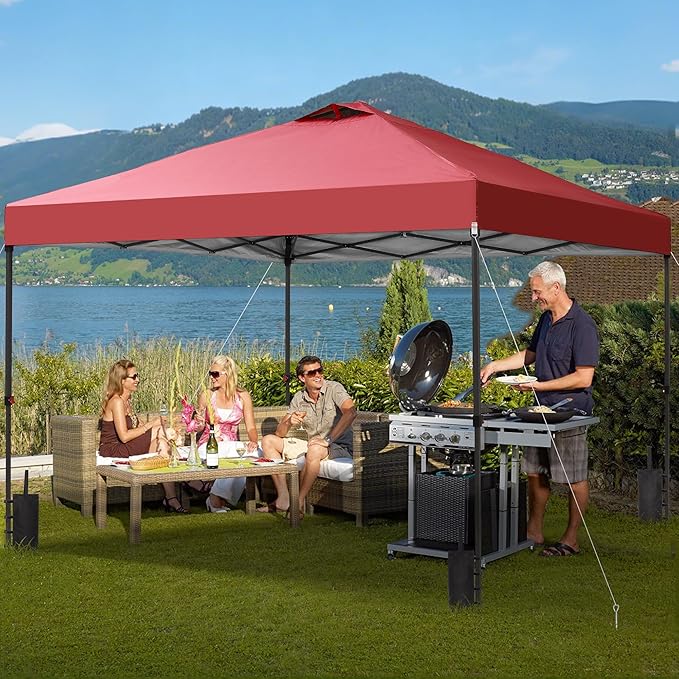 GDY 12x12 Pop Up Canopy Patio Carpas, One Push Set up with Central Lock Canopy with Wheeled Carry Bag, Included 4 Sandbaogs,8 Stakes and 4 Ropes, Red