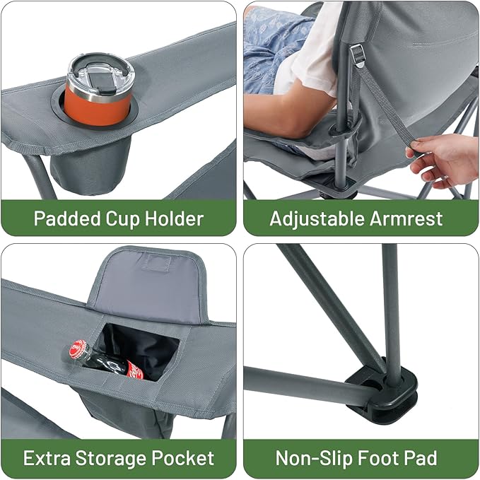 Timber Ridge Oversized Folding Camping Chair for Adults, Support 550 LBS Heavy Duty Chairs with Cup Holder Side Pocket for Camping, Lawn, Picnic, 2 Pack(Grey)
